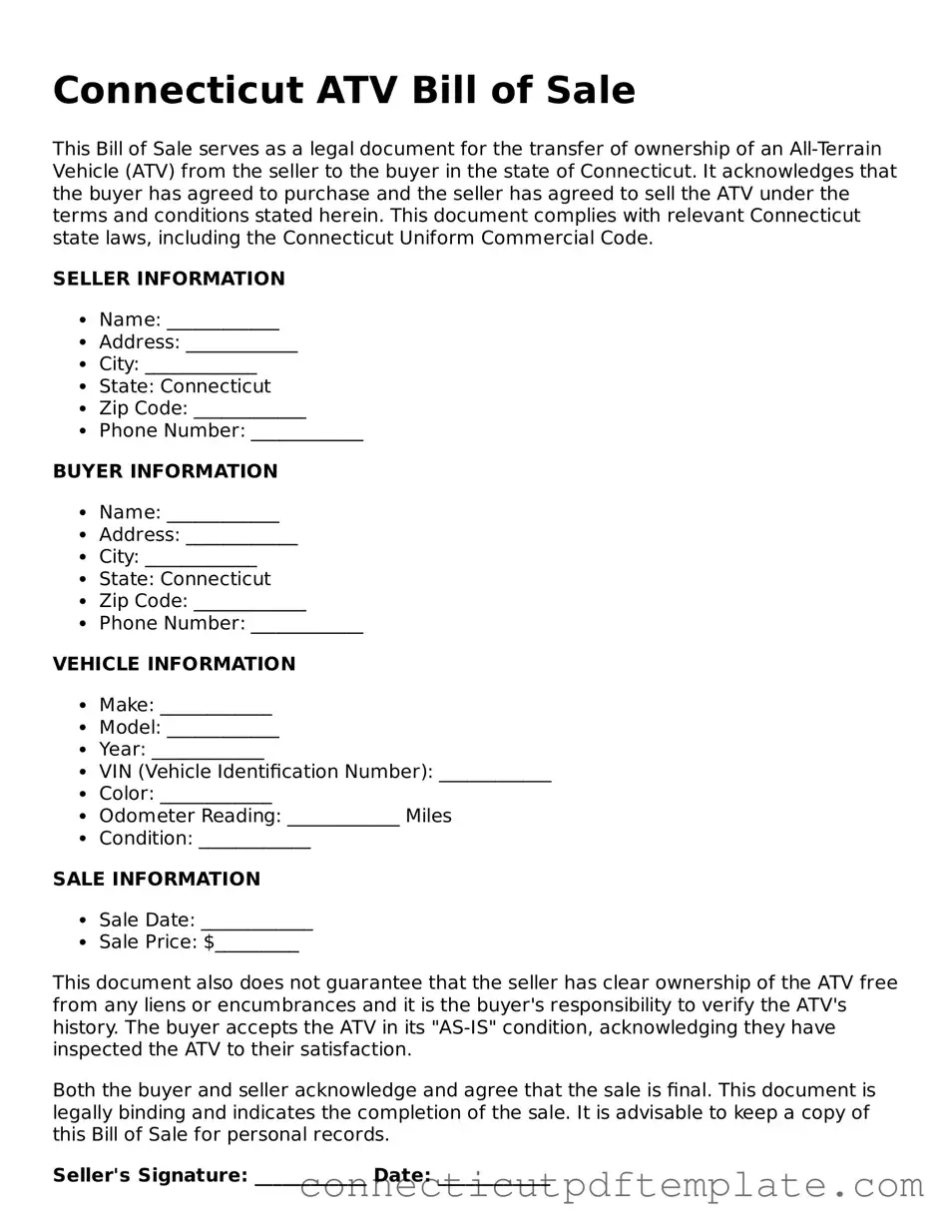 Valid ATV Bill of Sale Template for the State of Connecticut