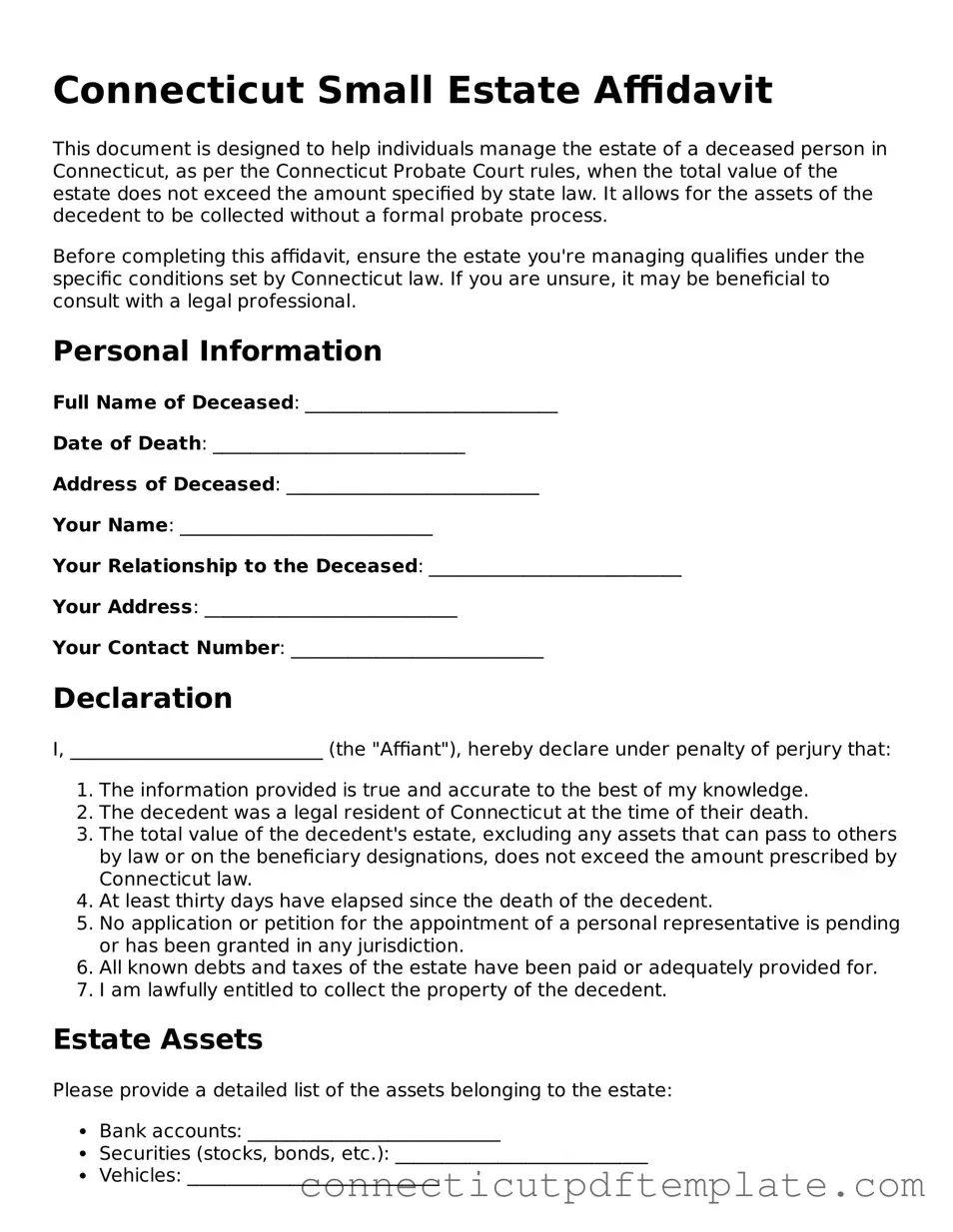 Valid Small Estate Affidavit Template for the State of Connecticut