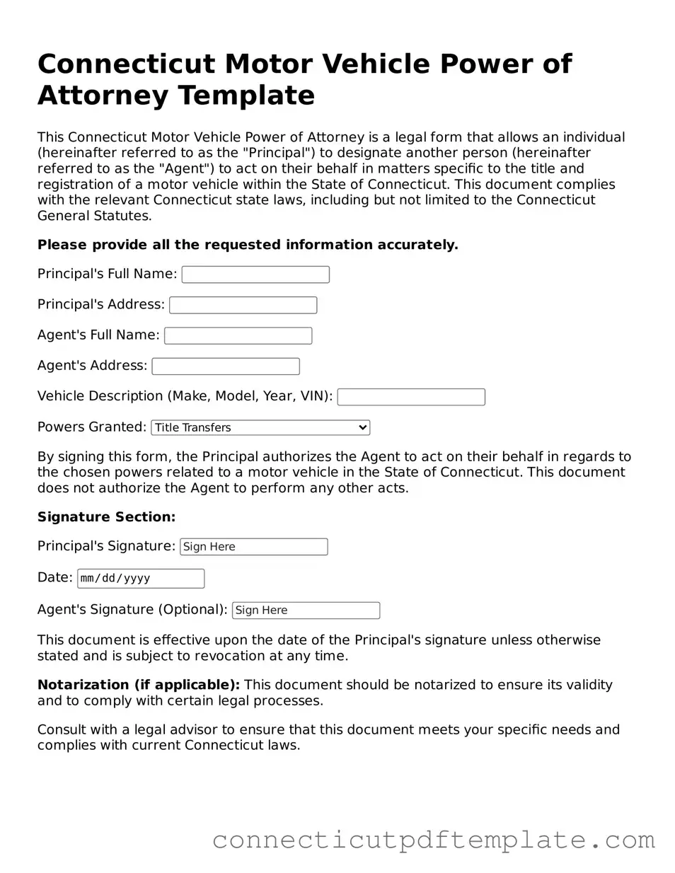 Valid Motor Vehicle Power of Attorney Template for the State of Connecticut