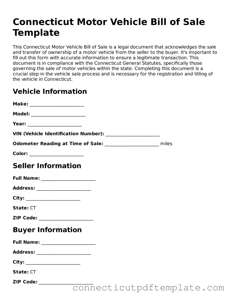 Valid Motor Vehicle Bill of Sale Template for the State of Connecticut