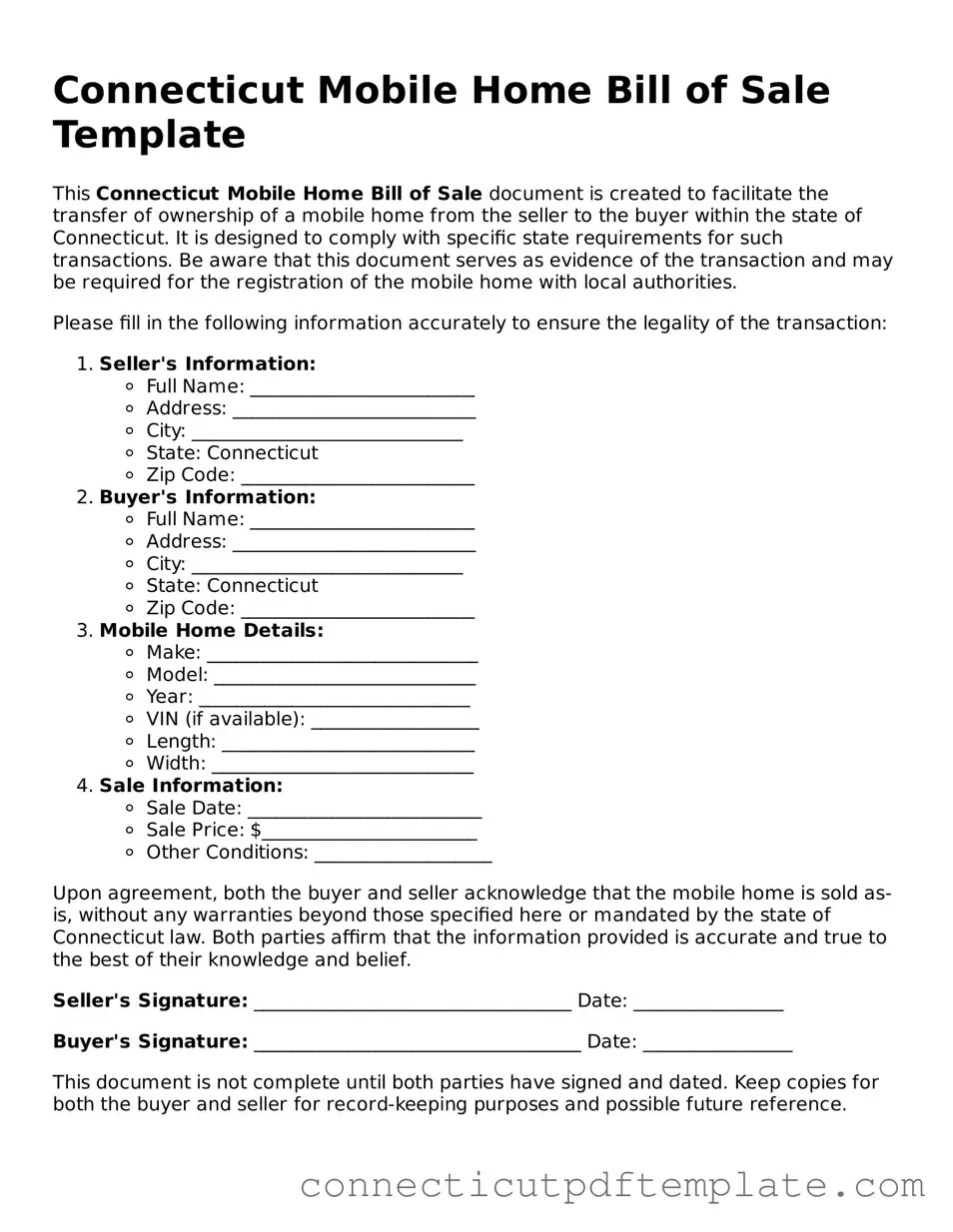 Valid Mobile Home Bill of Sale Template for the State of Connecticut