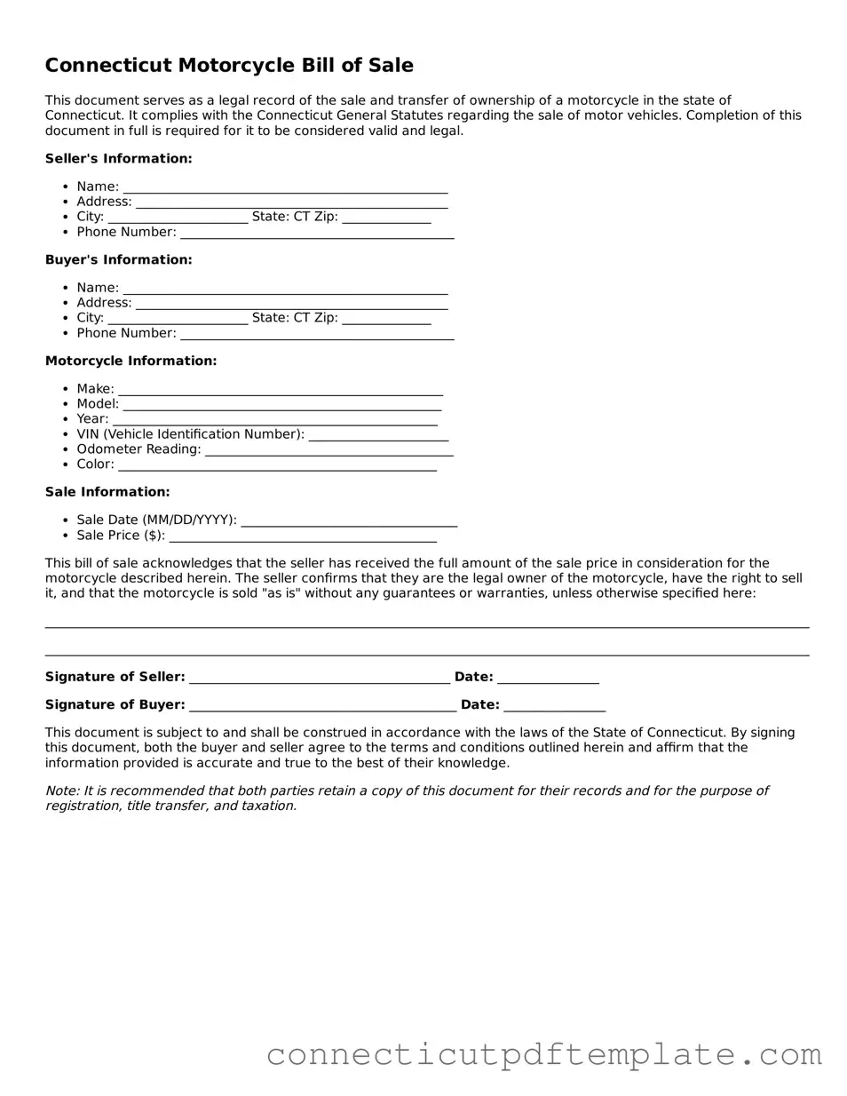 Valid Motorcycle Bill of Sale Template for the State of Connecticut