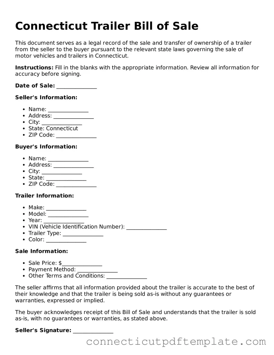 Valid Trailer Bill of Sale Template for the State of Connecticut