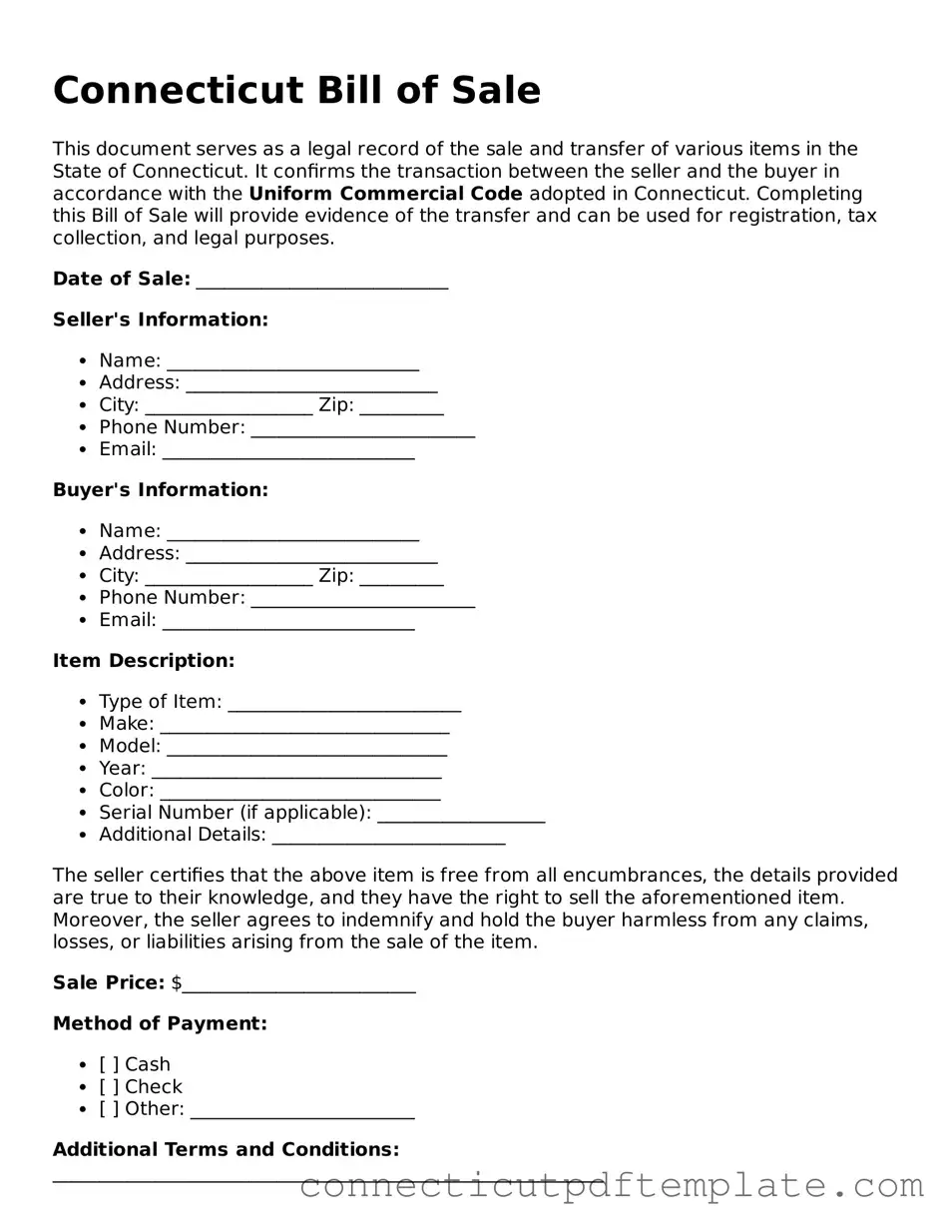 Valid Bill of Sale Template for the State of Connecticut