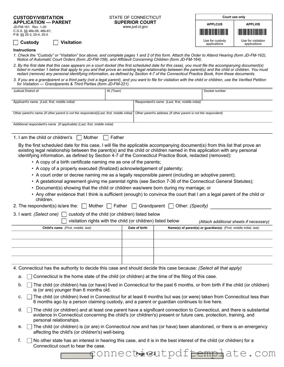 Official Connecticut Custody Application Template in PDF