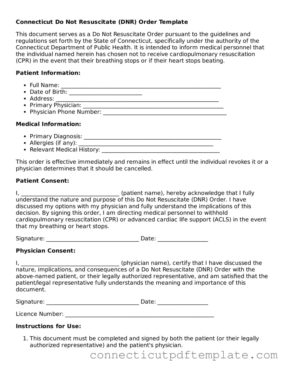 Valid Do Not Resuscitate Order Template for the State of Connecticut
