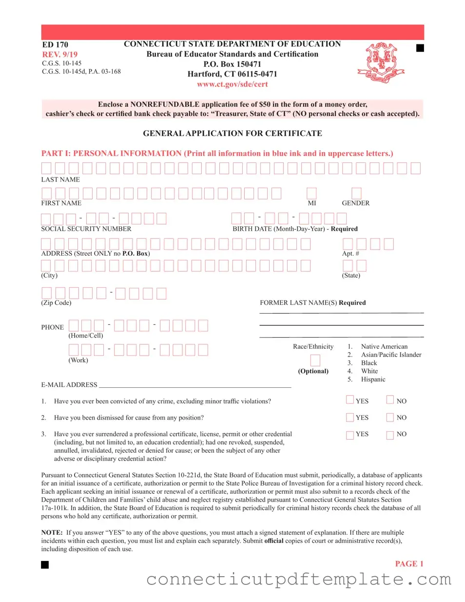 Official Connecticut Ed 170 Template in PDF
