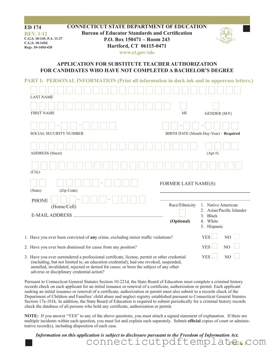 Official Connecticut Ed 174 Template in PDF