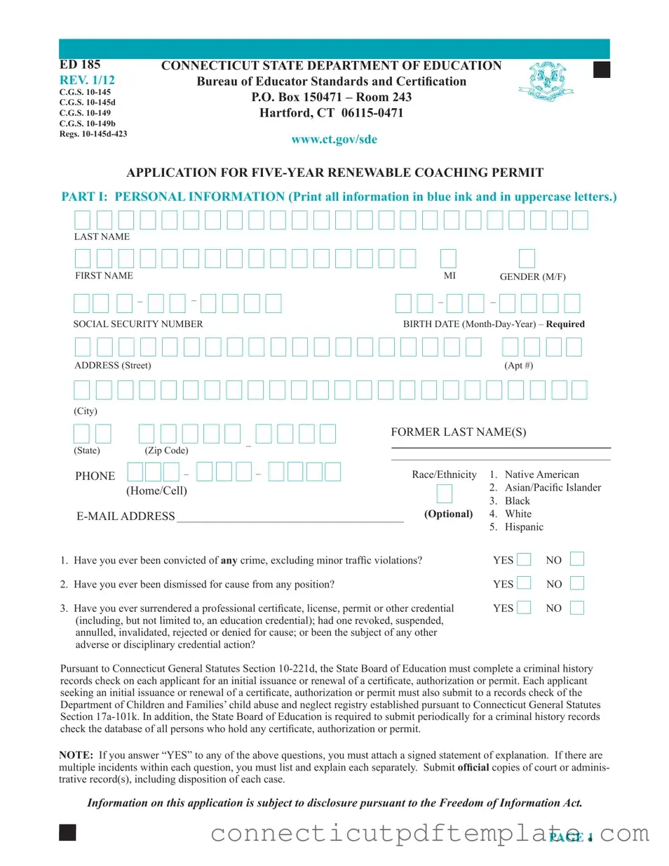 Official Connecticut Ed 185 Template in PDF