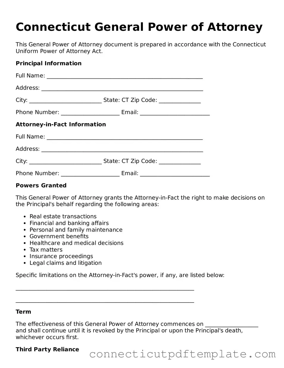 Valid General Power of Attorney Template for the State of Connecticut