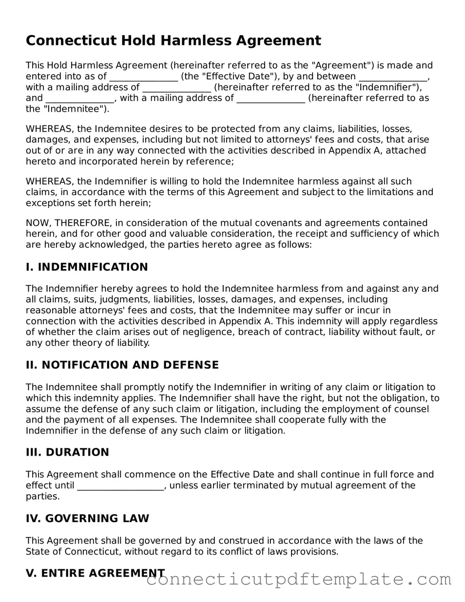 Valid Hold Harmless Agreement Template for the State of Connecticut