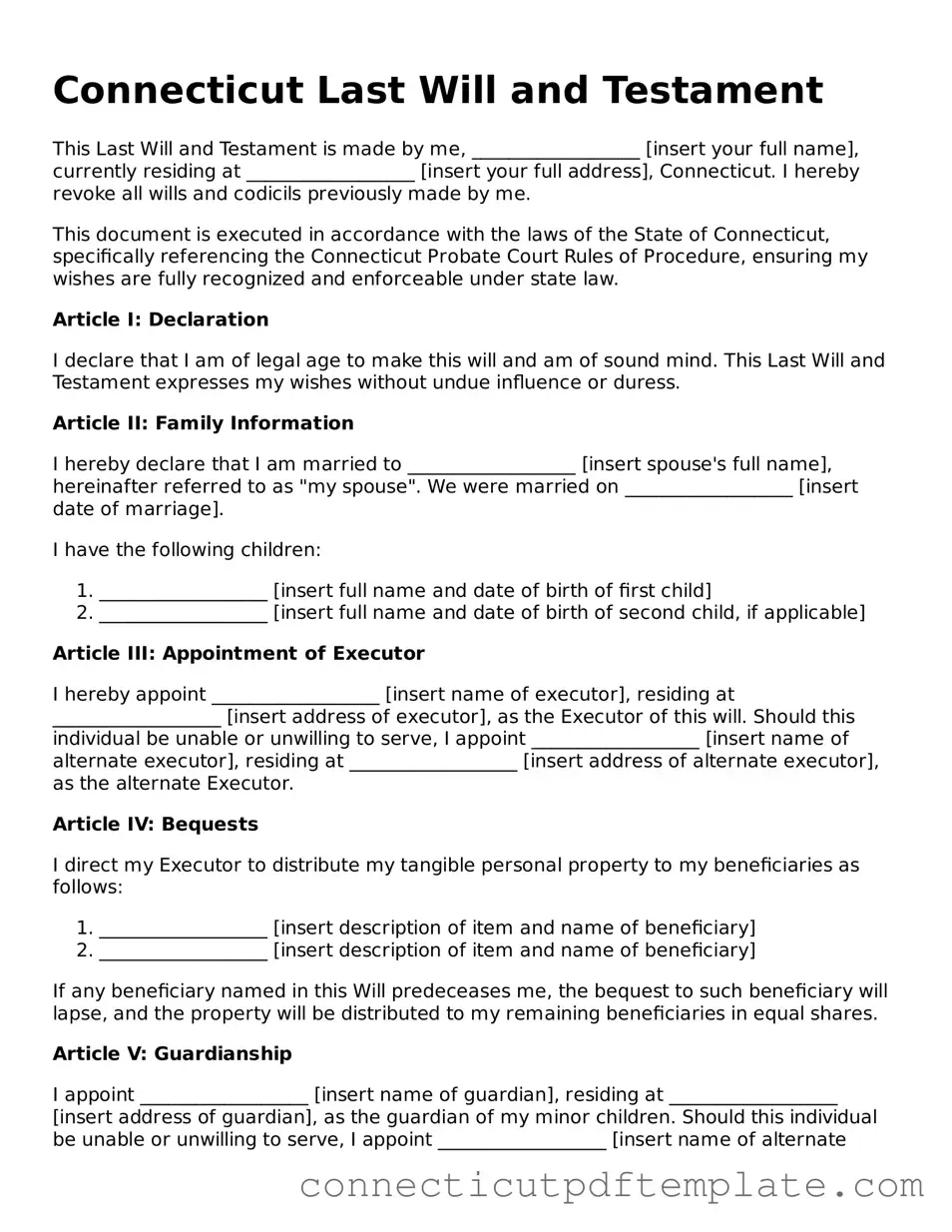 Valid Last Will and Testament Template for the State of Connecticut
