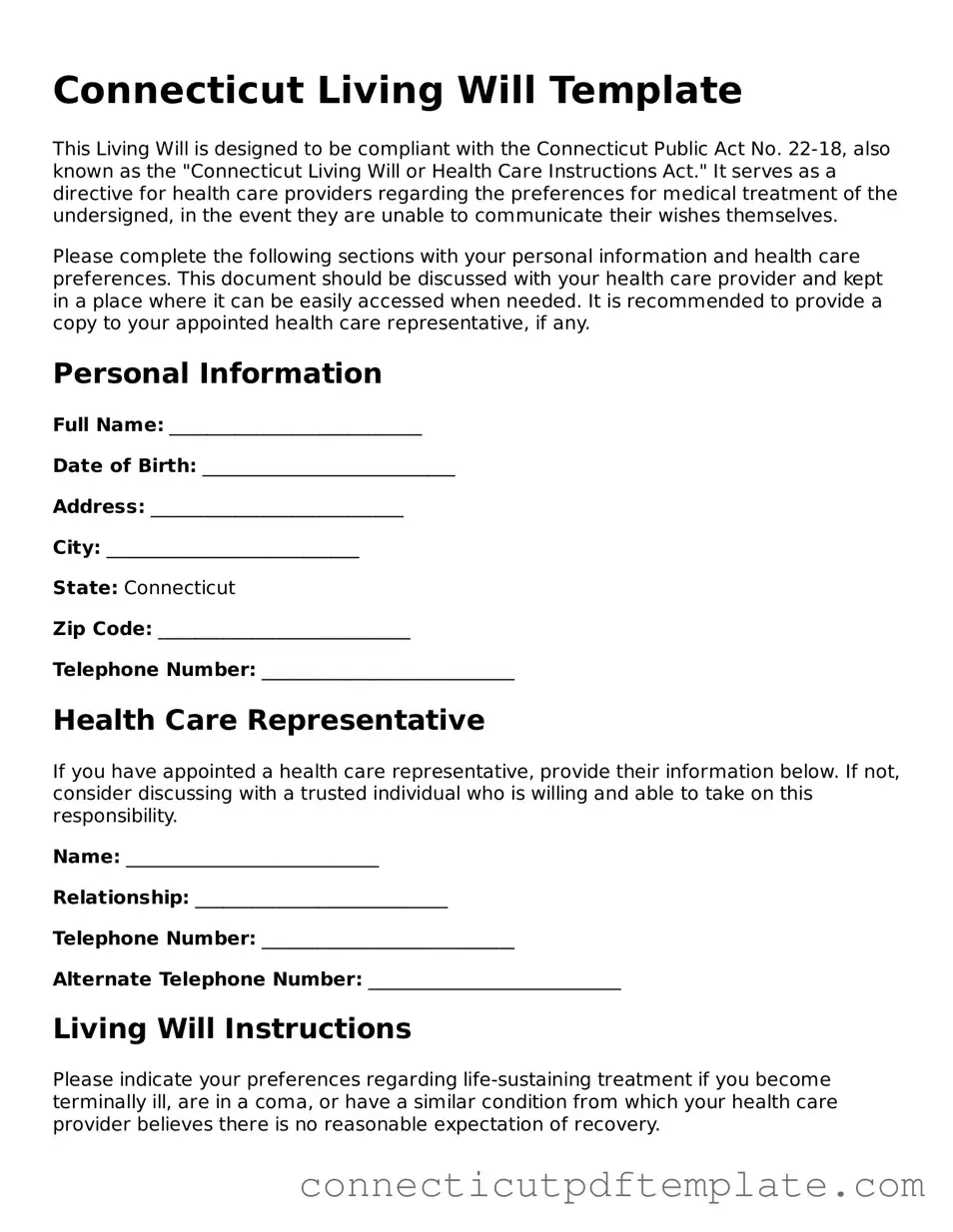Valid Living Will Template for the State of Connecticut
