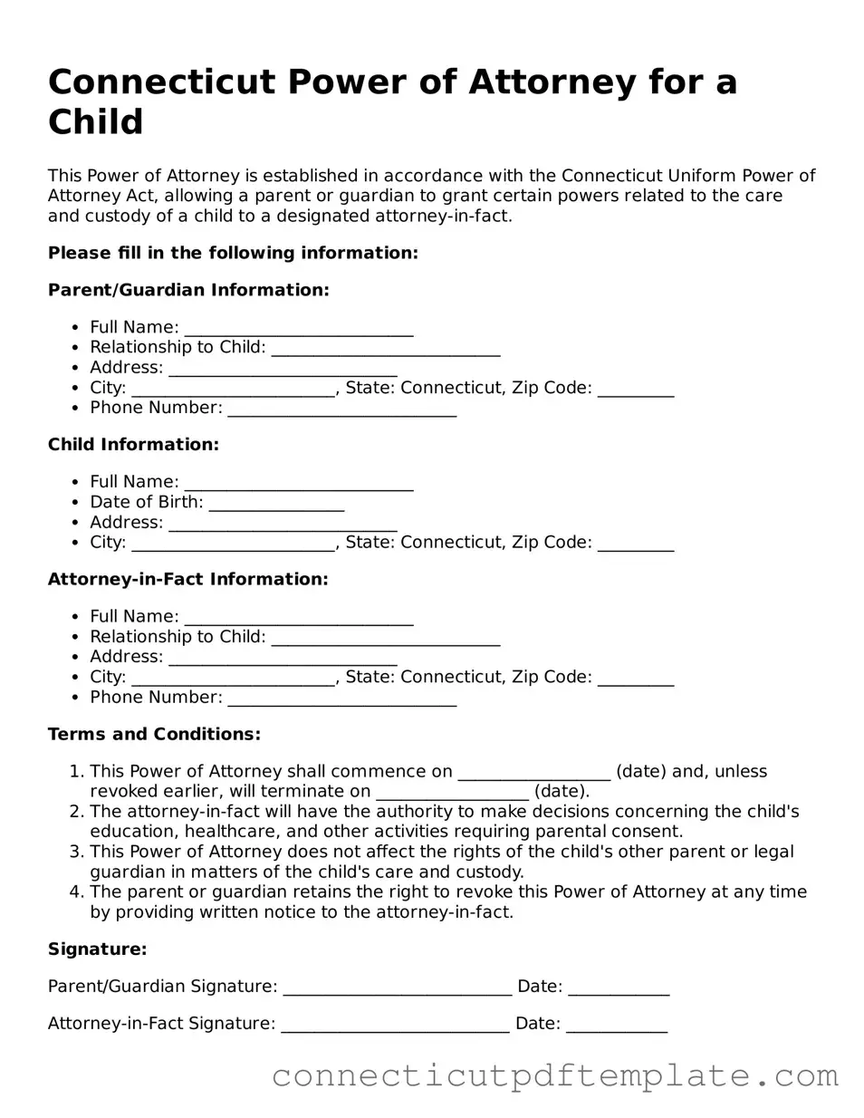 Valid Power of Attorney for a Child Template for the State of Connecticut