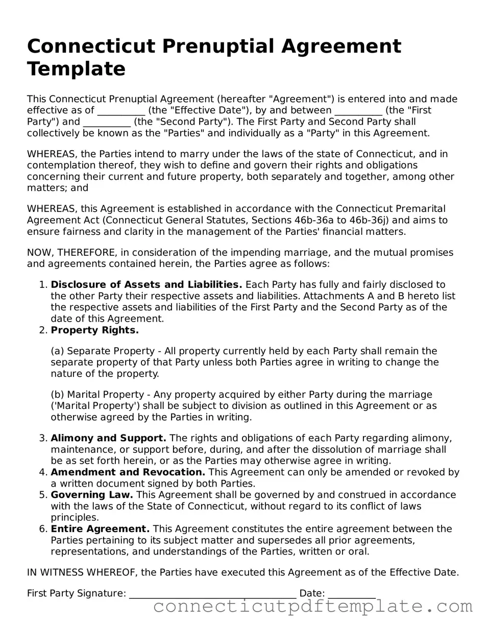 Valid Prenuptial Agreement Template for the State of Connecticut