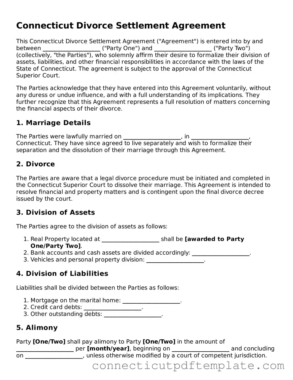Valid Divorce Settlement Agreement Template for the State of Connecticut