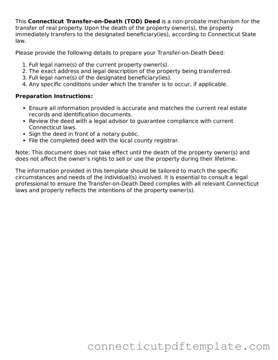Valid Transfer-on-Death Deed Template for the State of Connecticut