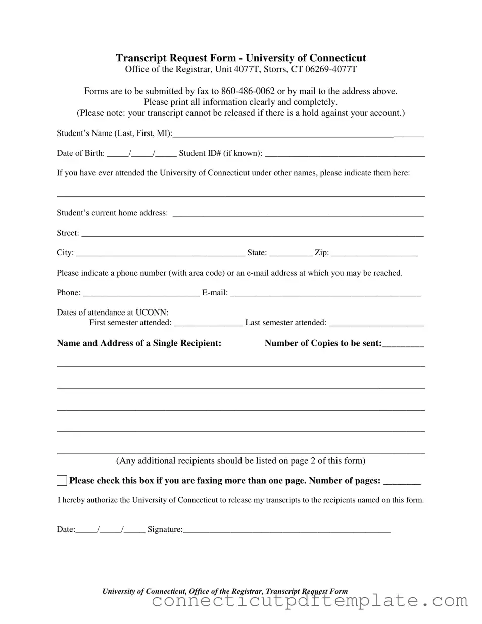 Official Connecticut Transcript Request Template in PDF