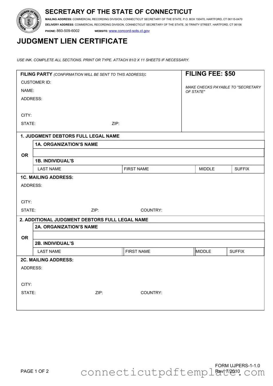 Official Judgment Lien Certificate Connecticut Template in PDF
