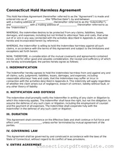 Valid Hold Harmless Agreement Template for the State of Connecticut
