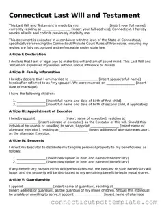 Valid Last Will and Testament Template for the State of Connecticut